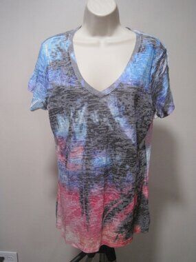 CURRANTS MultiColor Womens Size Large Top Short Sleeve Cotton V-Neck Tee Shirt